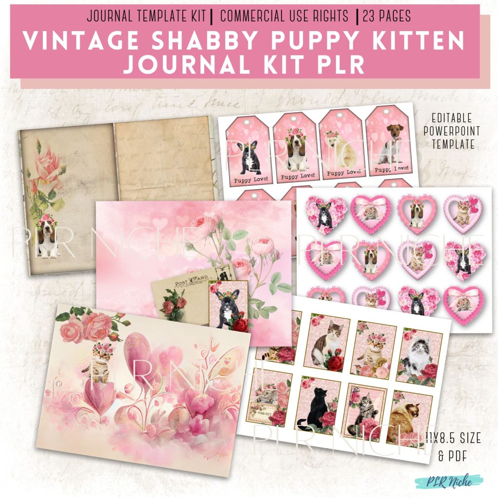 Vintage Shabby Puppy Kitten Journal Kit PLR